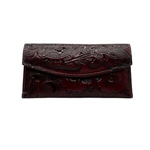 Women’s Dark Red Trifold Floral Tooled Leather Wallet